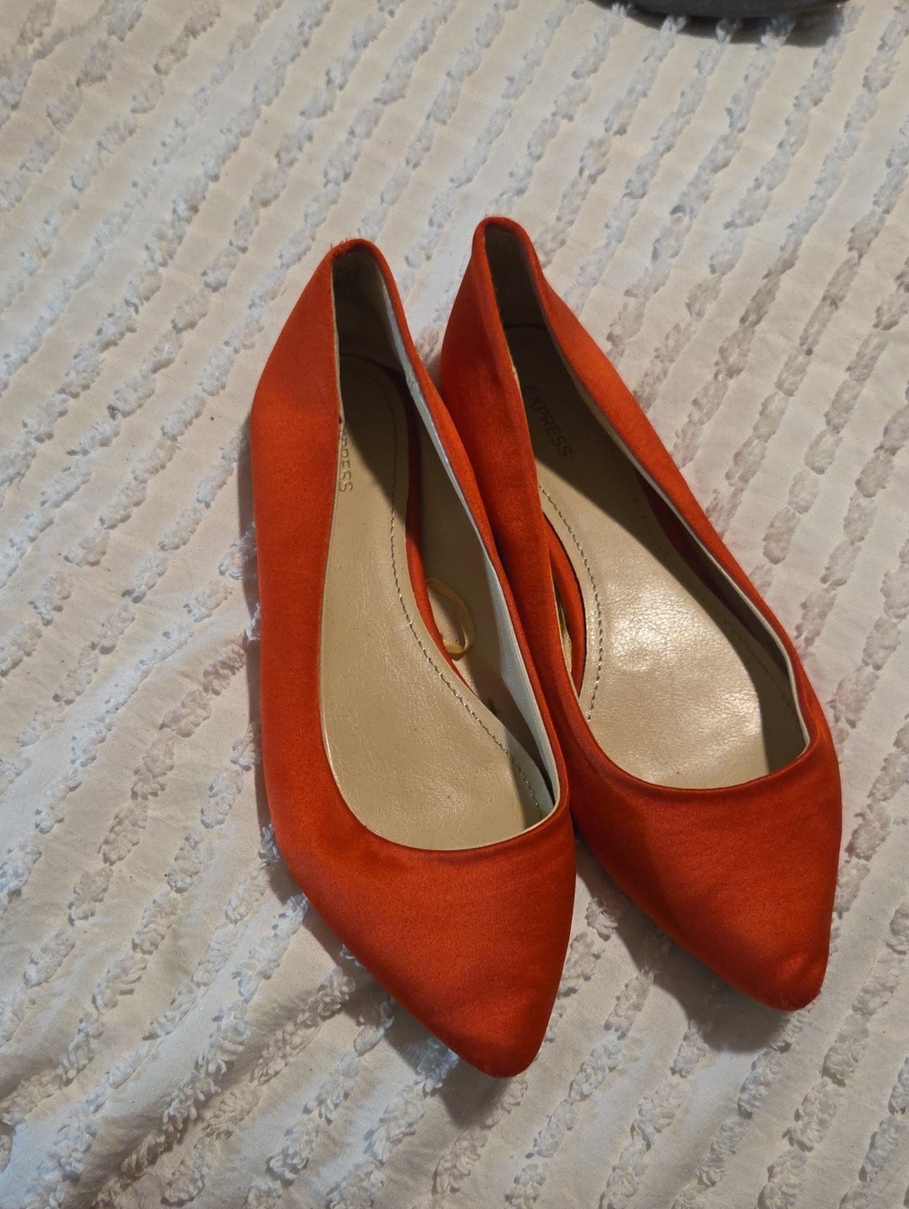 Express Pointed-Toe Satin Flats in Bright Orange